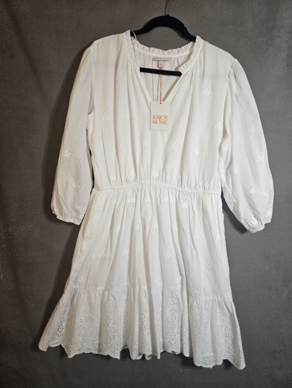 Knox Rose Womens XL Midi Dress White Crochet  Eyelets Puff Long Sleeve Boho NWT